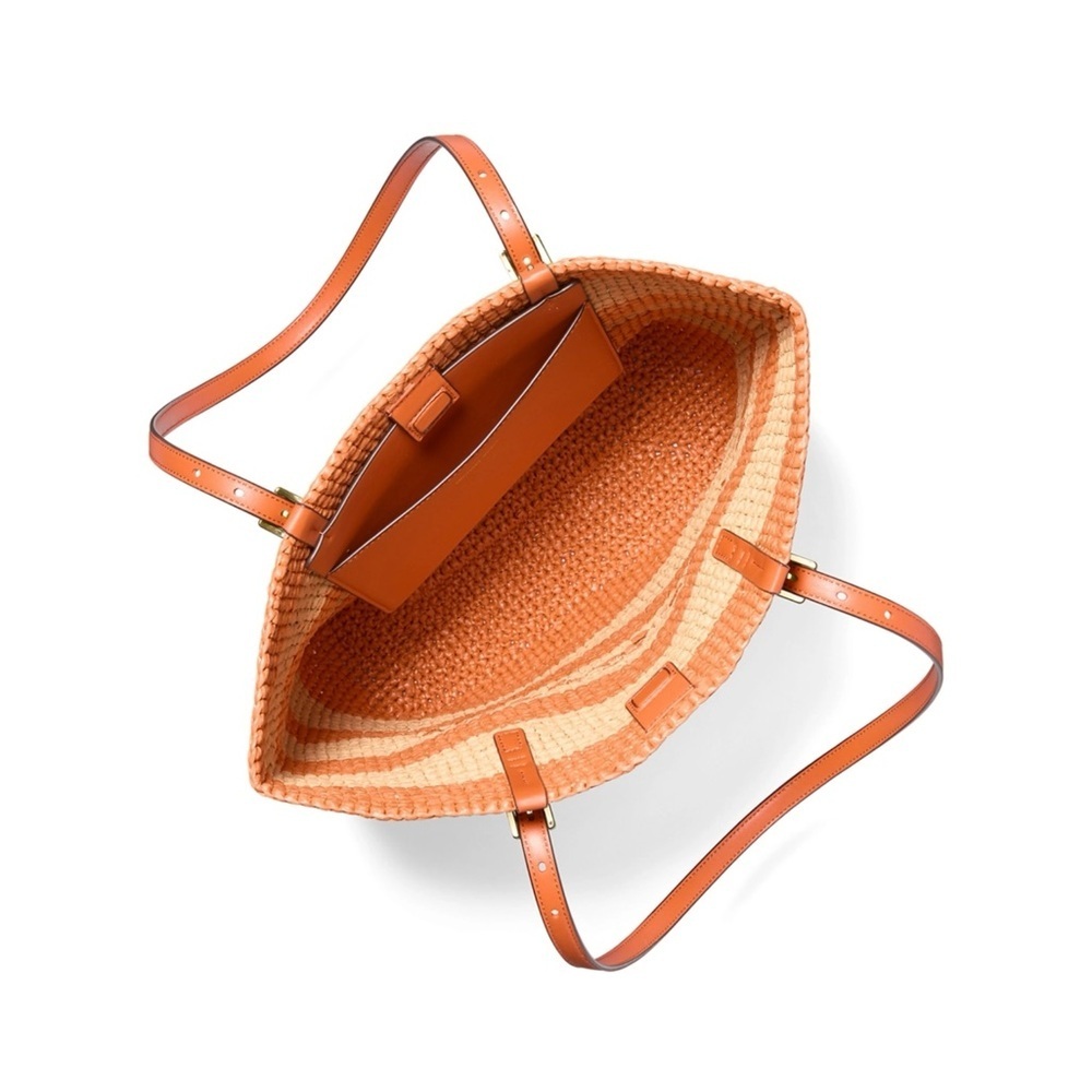 Michael Kors Quinn Straw Tote Orange Stripe Large Beach Travel  Bag Bold Coastal - Picture 6 of 10